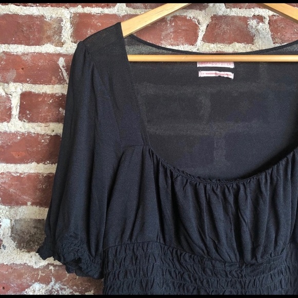 Urban Outfitters Puff Sleeve Ruched Square Neck Sheer Black Stretchy Crop Top - Picture 4 of 5